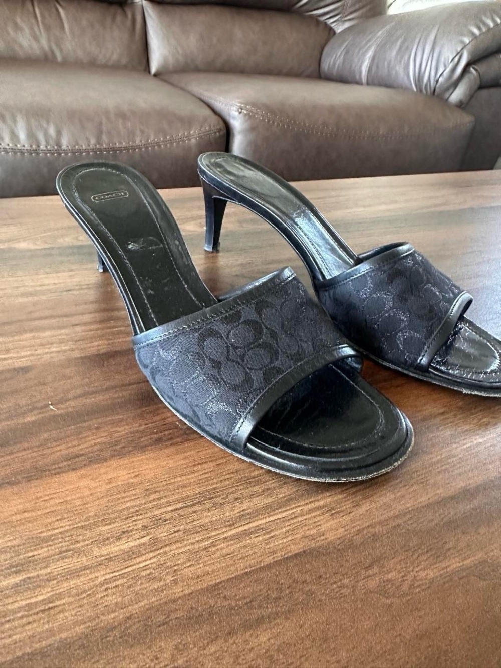 Vintage Coach Black Logo Kitten Heel Sandals